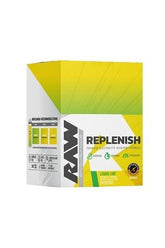 Raw Nutrition Replenish - Premium electrolyte formula in lemon lime flavor, 20 stick packs for optimal hydration.